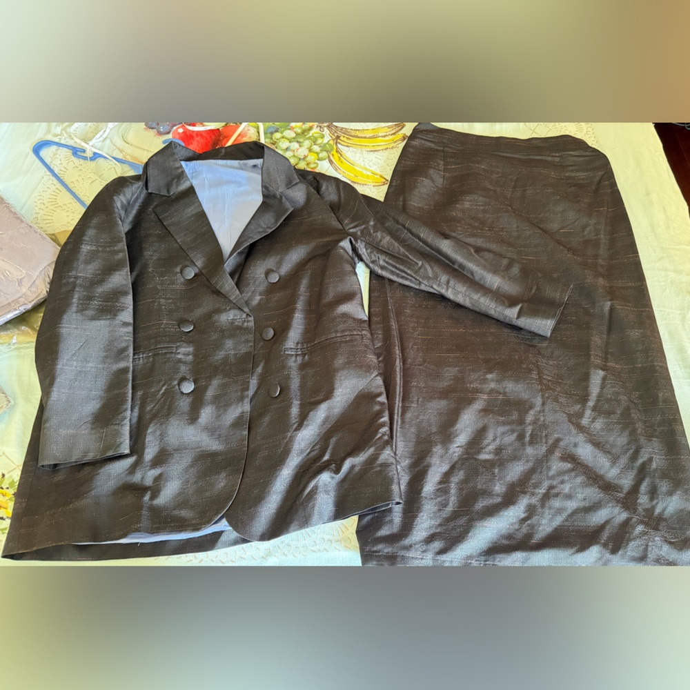 Handmade Silk Blend Suit Set | Blazer + Skirt | Black w/ Metallic Thread